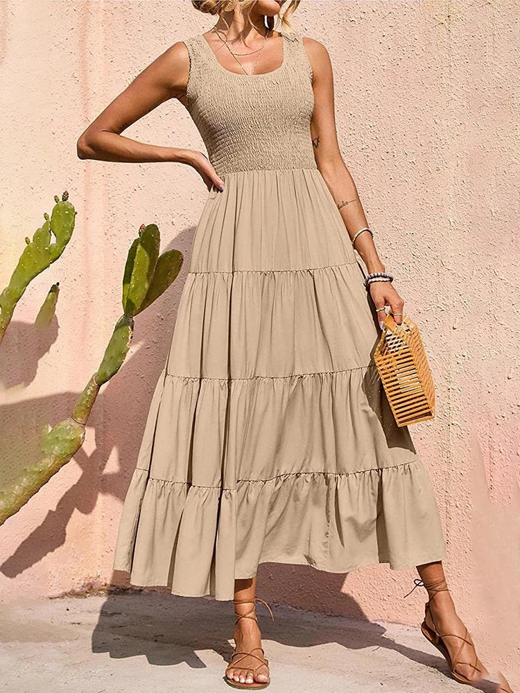 Dresses For Women Summer Sexy Elegant Sleeveless Floral Solid Color Long Dress Fashion Elastic Waist Beach Party Big Swing
