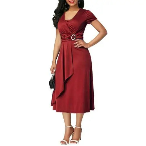 Plus Size Dress Elegant Women Solid Color Short Sleeve V Neck Asymmetric Hem Waist Tight Midi Party Dress Ladies Evening Vestido