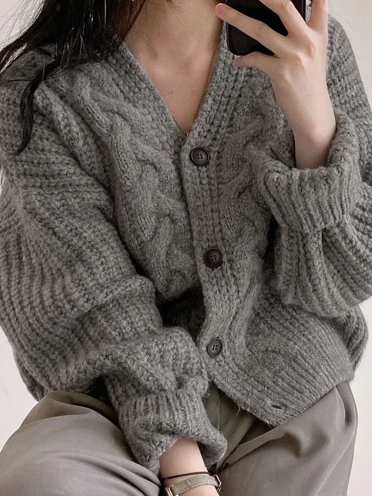 Korean Thick Women Cardigan Knitted Sweater Autumn Winter chic Loose Long Sleeve Tops Simple Solid sweater jacket for Female