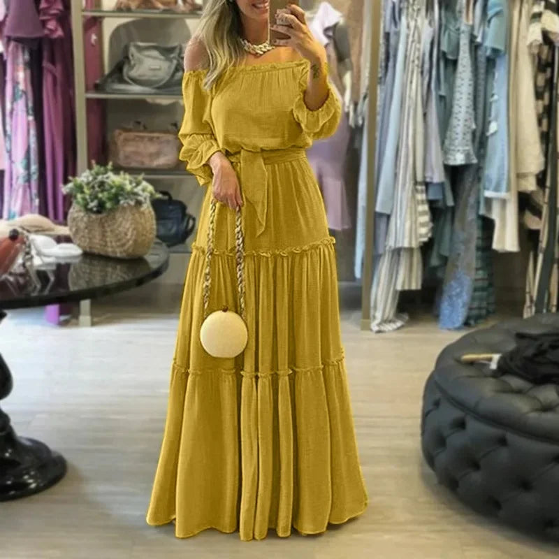 Summer Ruffle Edge Boho Sexy Off-The-Shoulder Long Dress Women's Fashionable Outside Market Fast Selling