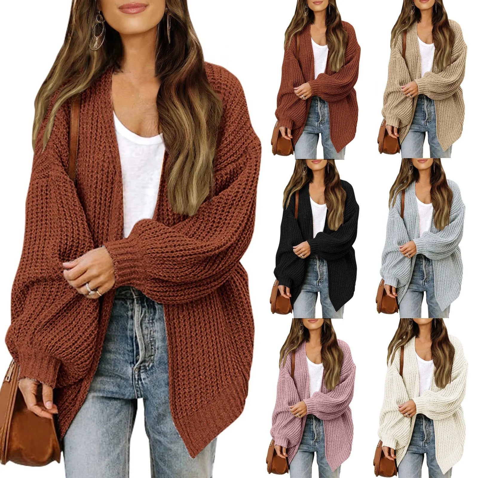 Autumn And Winter Women's Solid Color New Sleeve Coarse Wool Pocket Knitted Cardigan Sweater Sweater For Women S-2XL