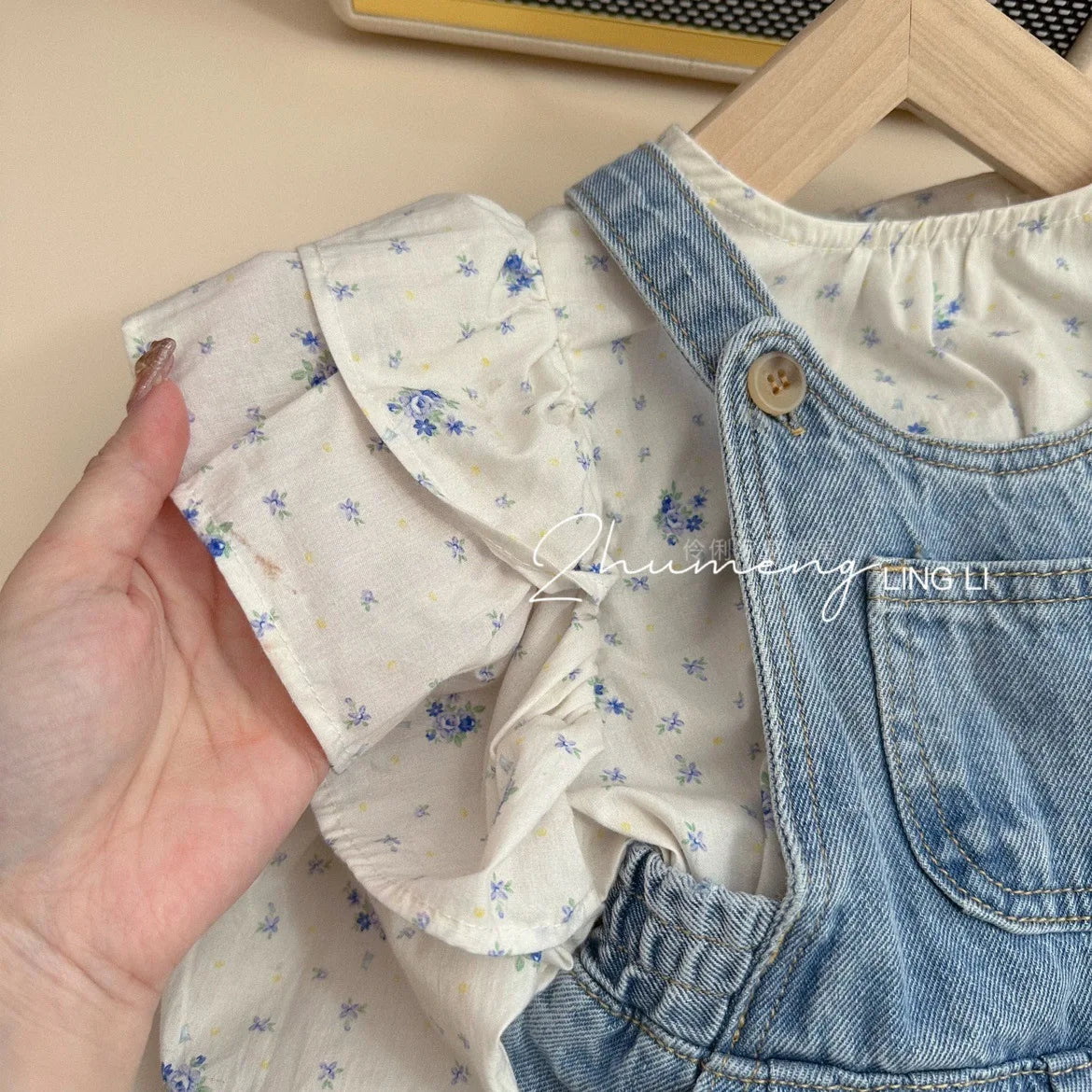 2023 Spring and Autumn New Girl's Clothing Sets Kids Cute Floral Doll Shirt+Cowboy Strap Pants Two Piece Set for Baby Girls