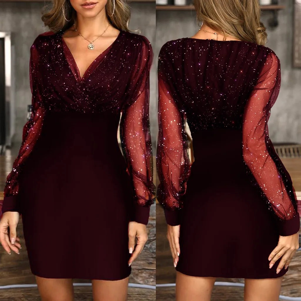 Ladies' Retro Elegant Mesh Long Sleeve Evening Short Dress