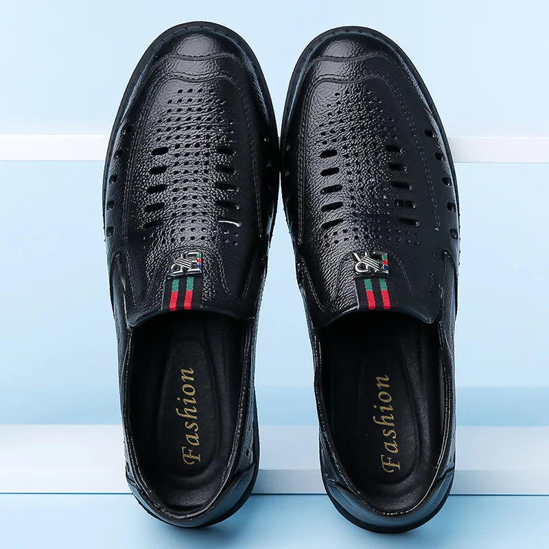 2025 Shoes for Men Genuine Leather Casual Shoes Summer New Hollow Out Slip-on Loafers Fashion Leather Sandals