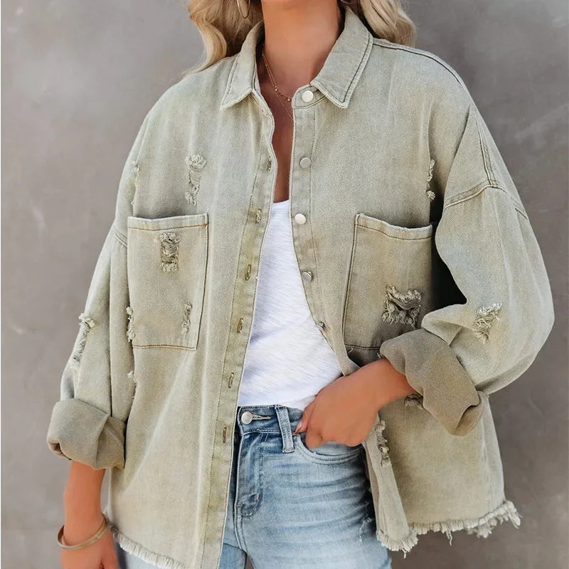 CasualdenimJacketWomen's Clothing Fringe European Style Solid Color Wash Jacket Loose Fit From China For All Seasons