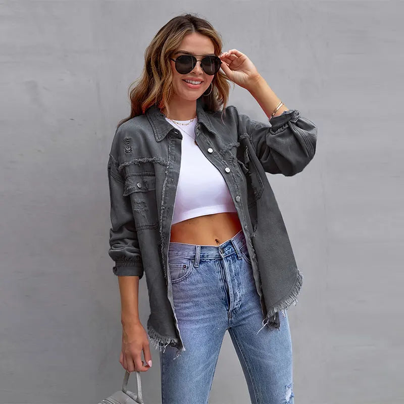 2025 New Leisure Denim Jacket Women Solid Color, Loose, Ripped, Long-Sleeved, Lapel, Fashionable Elegant Denim Jacket Female