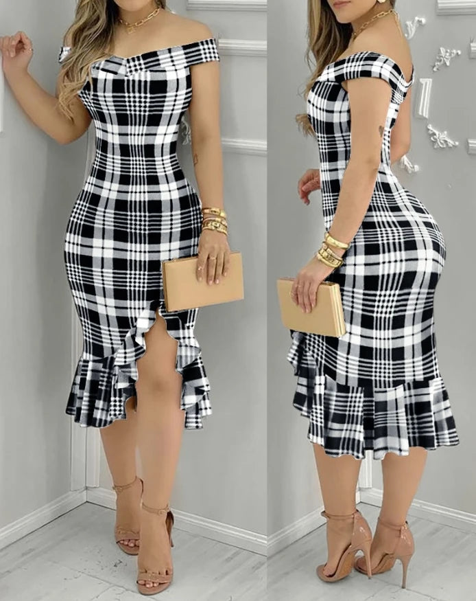 Womens Dresses Summer Fashion Beaded Off Shoulder Ruffles Slit Hem Elegant Plain Short Sleeve Skinny Midi Party Dress