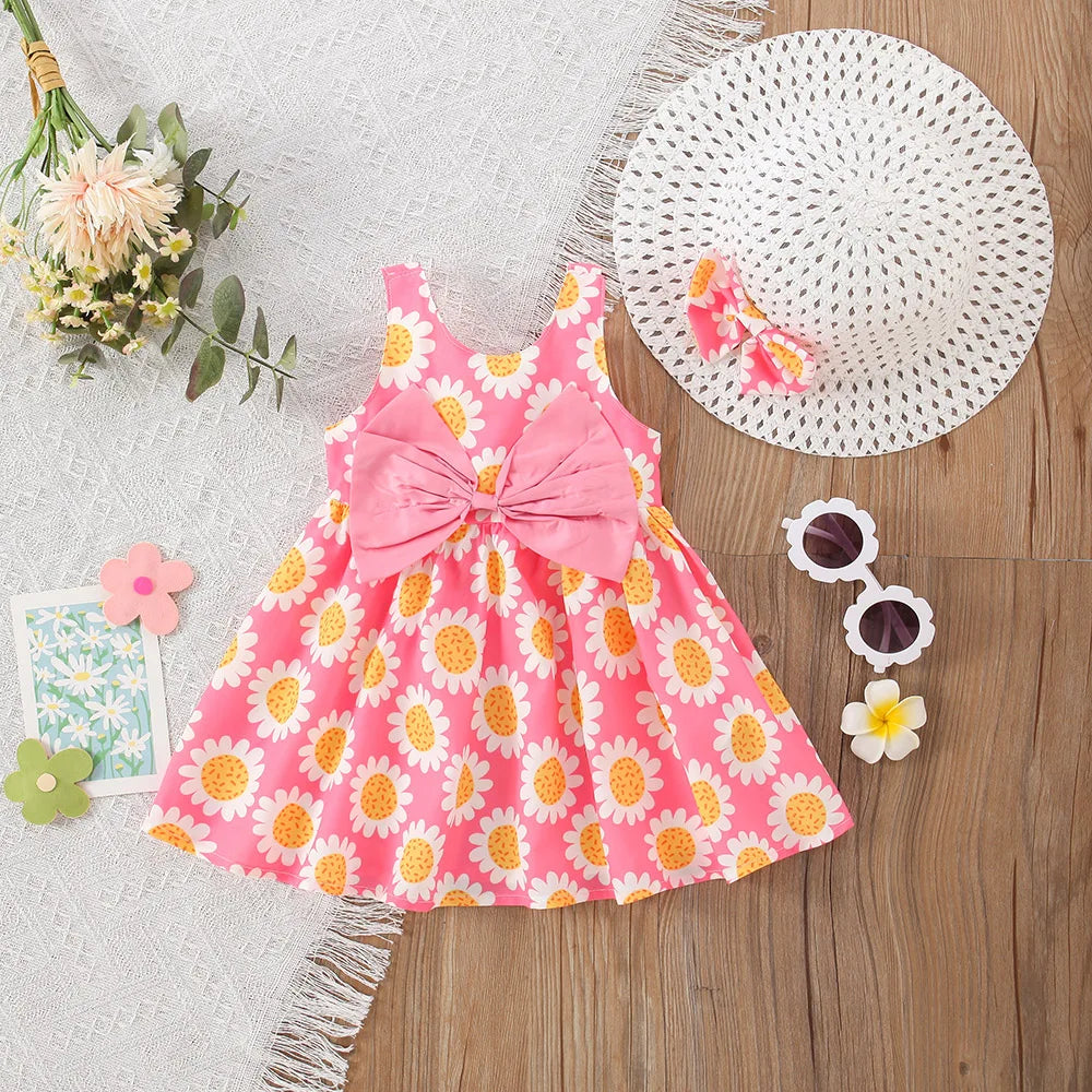 Baby Girl Dress Summer Bow And Sunflower Pattern Halter Beach Girl Kid's Dress Cute Casual Baby Dresses With Hat