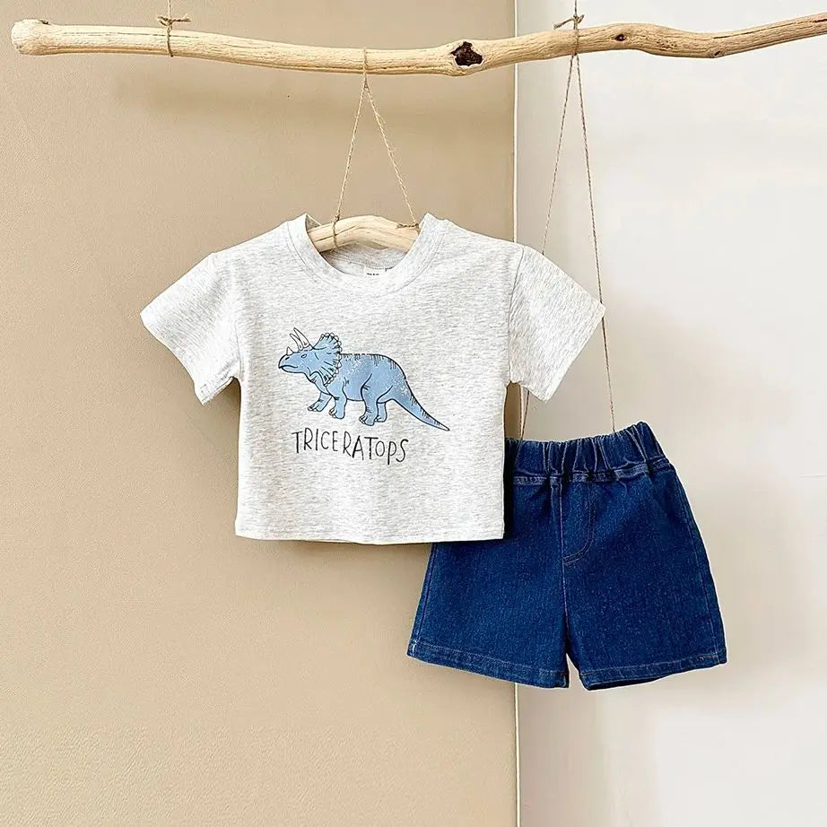 Summer Baby Boy Clothes Set Newborn baby Dinosaur Print Cotton Short Sleeved T-shirt +Denim Shorts Girls Clothes 0-3Y Children