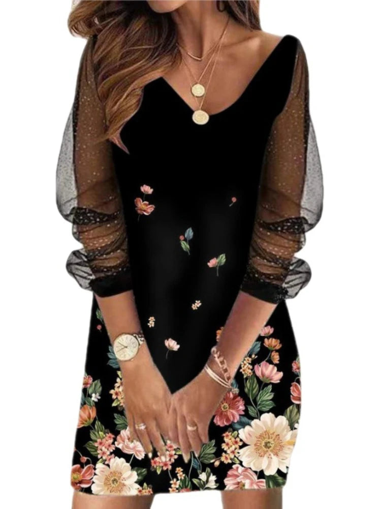 Sexy Mesh Sleeves V Neck Sequins Print Slim Bodycon Dress Women Long Sleeves Causal Dress Elegant Club Party Vestidos