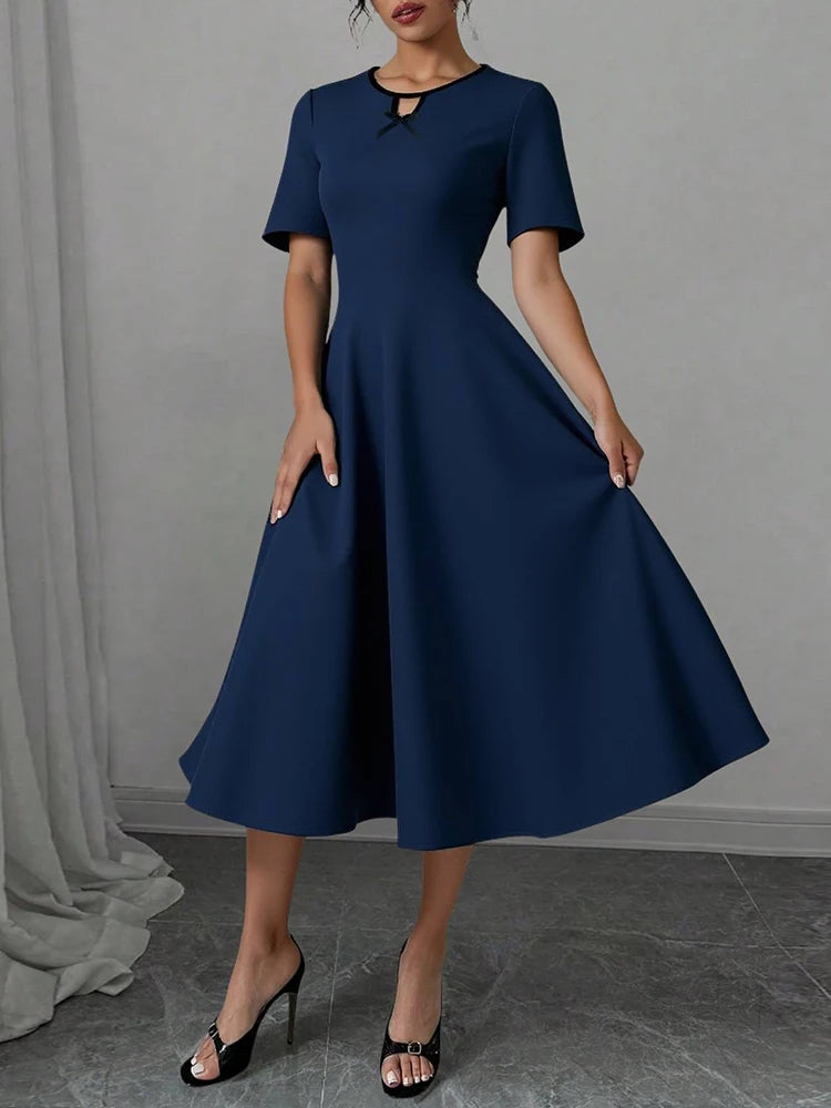 Rafiah Women's Summer Navy Blue V-Neck Short Sleeve Midi Dress 2025 with Ruched Waist and A-Line Silhouette Casual Chic Wear