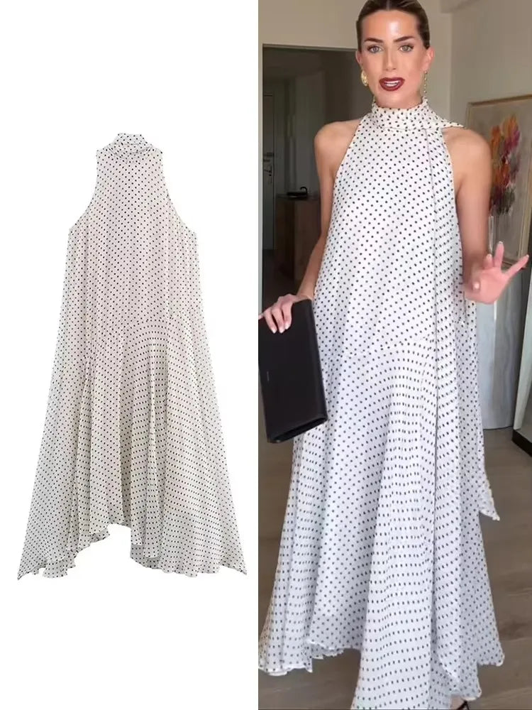Polka Dot Print Dresses For Women 2025 New Summer Elegant Chic Sleeveless Stand Collar Long Dress Back Bow Lace Up Midi Dresses