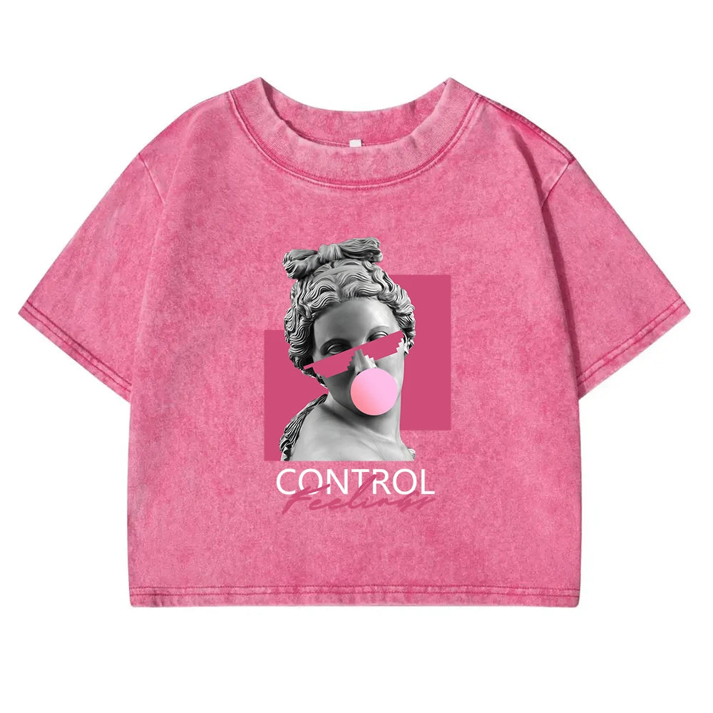 A Sculpture Of A Woman Blowing Bubbles Print Women Washed T Shirt Cotton Casual  Short Sleeve Crop Top Street All-Match Tee