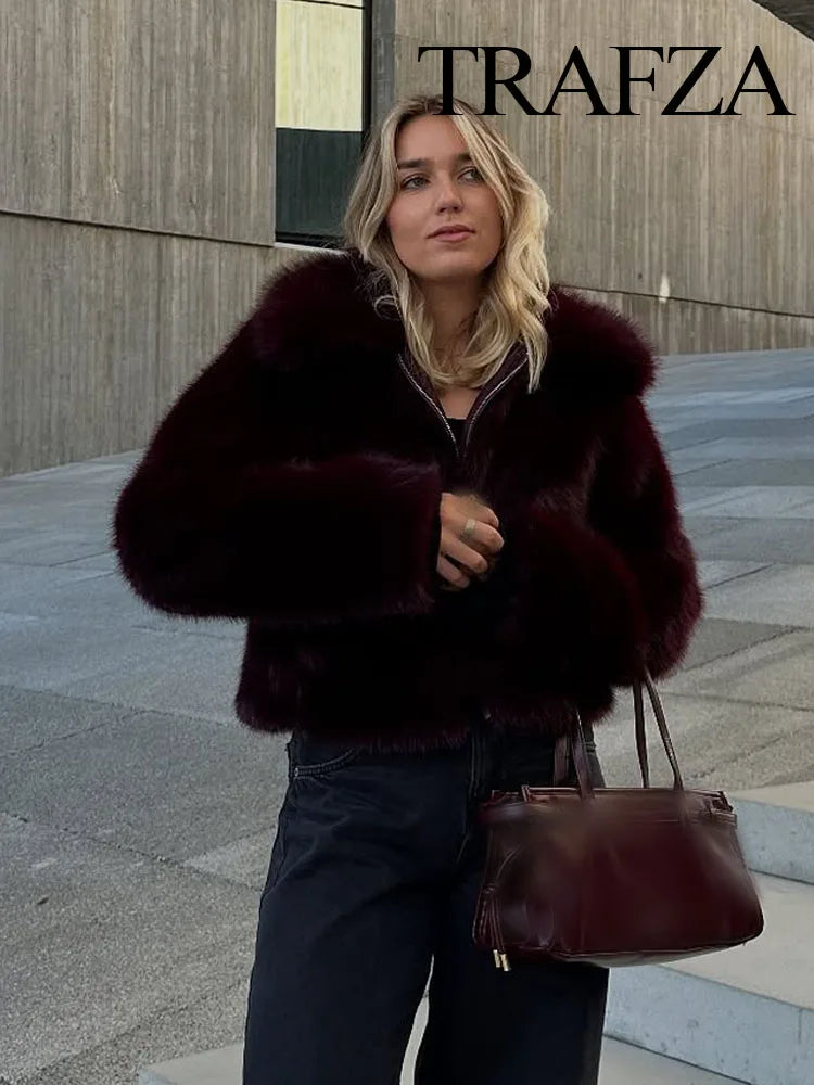TRAFZA Women Solid Faux Fur Jackets Casual Long Sleeves For Warmth Winter Coat Woman Elegant Turn-Down Collar Loose Outerwear