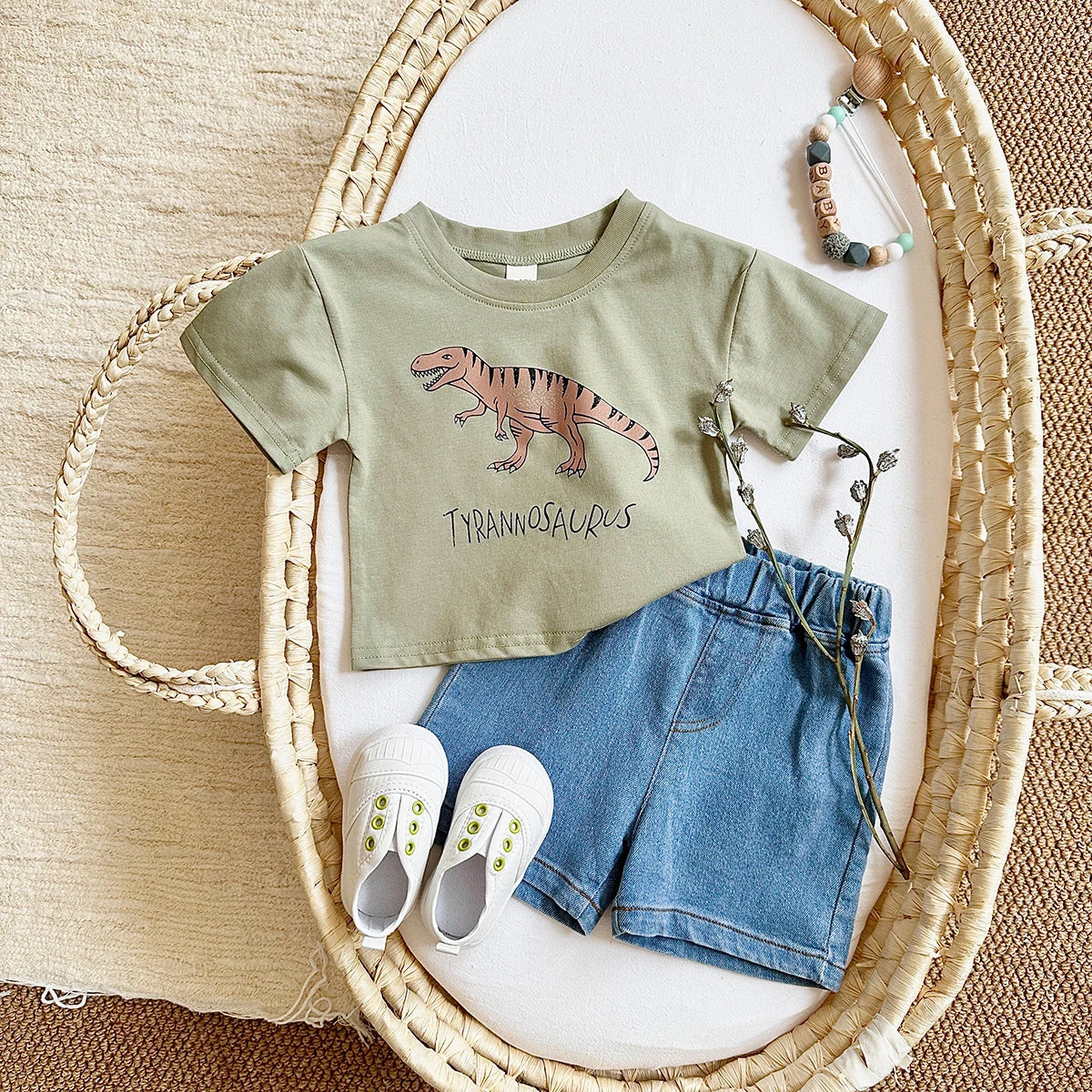 Summer Baby Boy Clothes Set Newborn baby Dinosaur Print Cotton Short Sleeved T-shirt +Denim Shorts Girls Clothes 0-3Y Children
