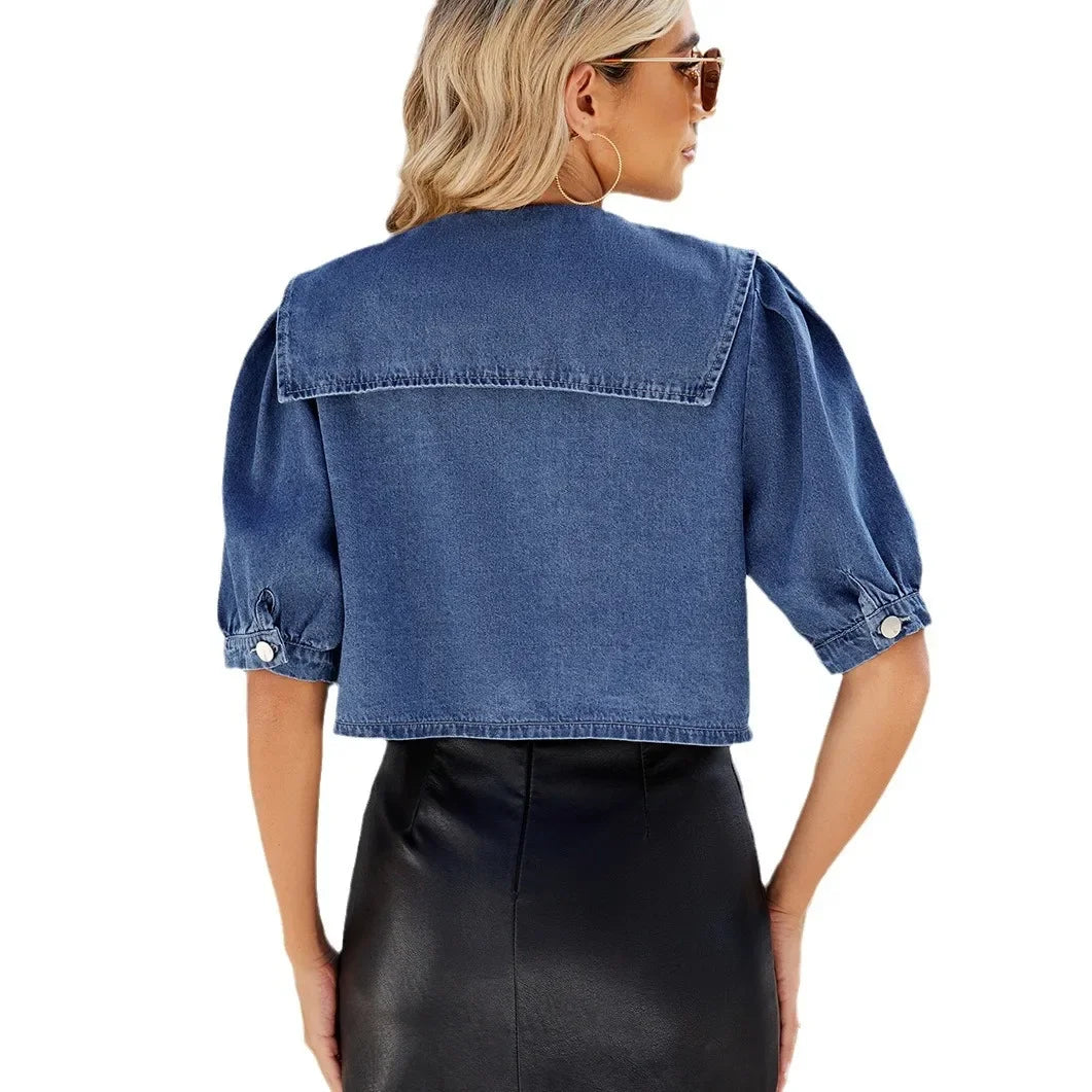 Women Denim Jacket Sailor Collar Single Breasted Coat Half Sleeve Cardigan Outerwear Basics Solid Slim Pockets Washing Slim