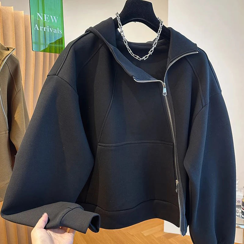 Hooded sweater women's irregular diagonal zipper 2024 spring new loose casual design sense niche jacket