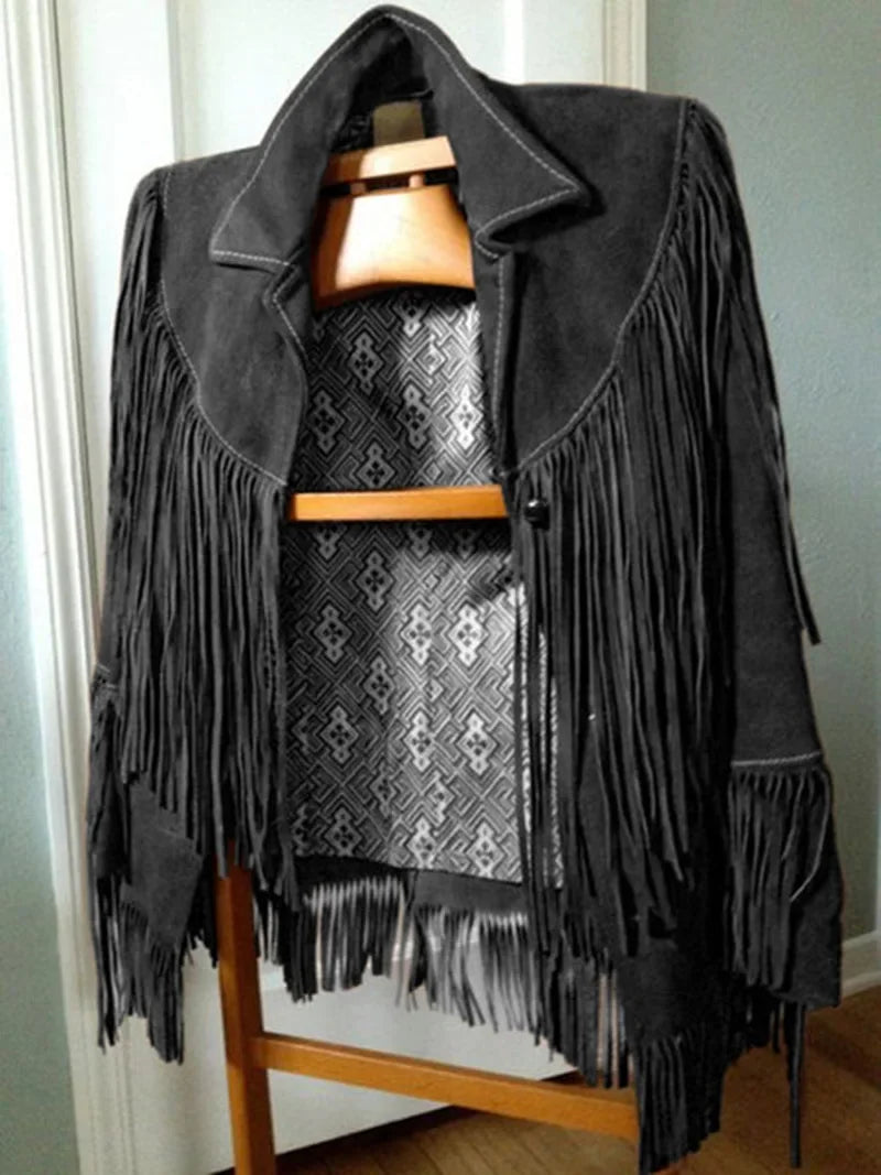 Casual Suede Leather Jacket Brown Lapel Pocket Fashion Woman Single Button Long Sleeve Tassel Coat Lady Spring Street Outwear