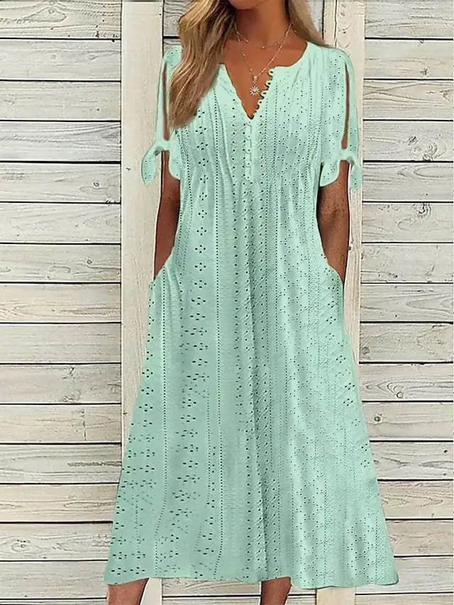 Summer New Women's Mid Length Dress With Sexy Holes Hollowed Out Lace Up V-neck Pleated Edges Fashionable Patchwork Dress