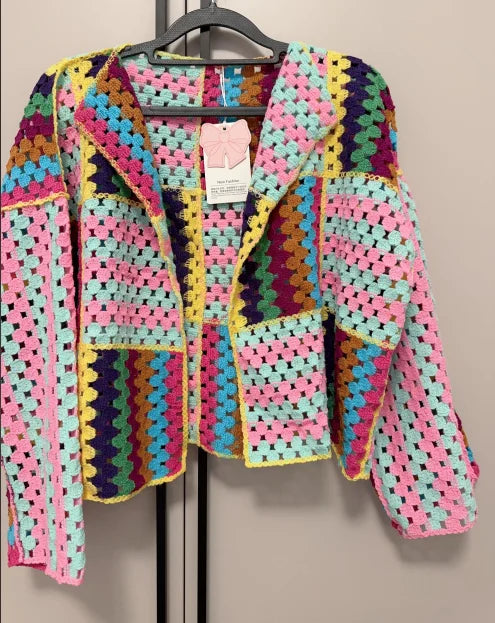 Colorful Knit Stitch Hollow Out Cardigan Oversize Women Crochet Tops
