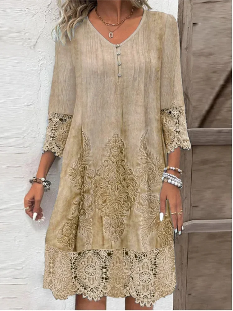 Lace Printed Short Sleeved Button V-neck Women's Dress Elegant Casual Fashionable High Street Spring Dresses