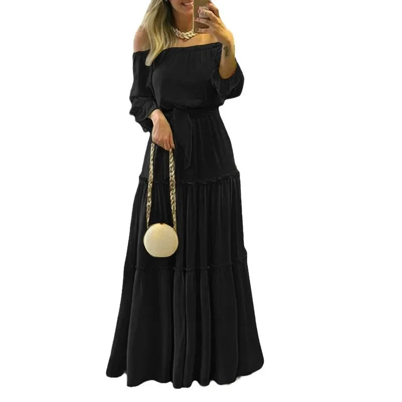 Summer Ruffle Edge Boho Sexy Off-The-Shoulder Long Dress Women's Fashionable Outside Market Fast Selling