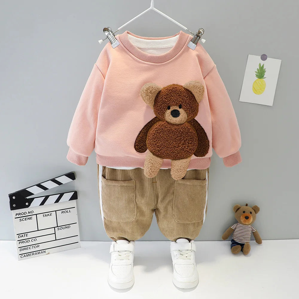 Baby cartoon Bear Plush Children's Clothing Set Boys Girls Sweatshirts Pants Suit Children's Print Simple Suit