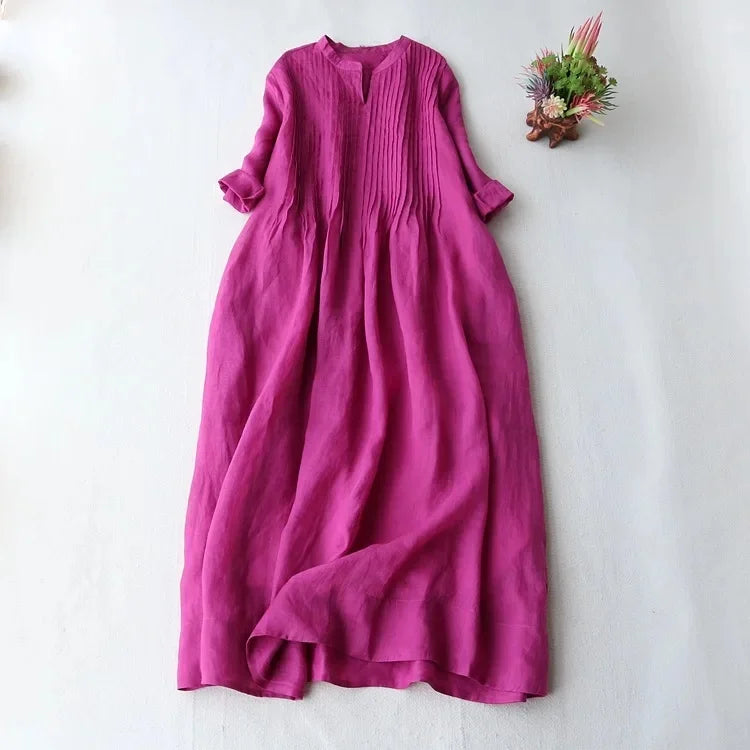 Cotton Linen Women's Dress Summer Elegant Accordion Pleat Loose Drifting Fairy Beautiful Pure Color Long Skirt round Neckline An