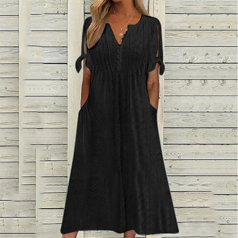 Summer New Women's Mid Length Dress With Sexy Holes Hollowed Out Lace Up V-neck Pleated Edges Fashionable Patchwork Dress