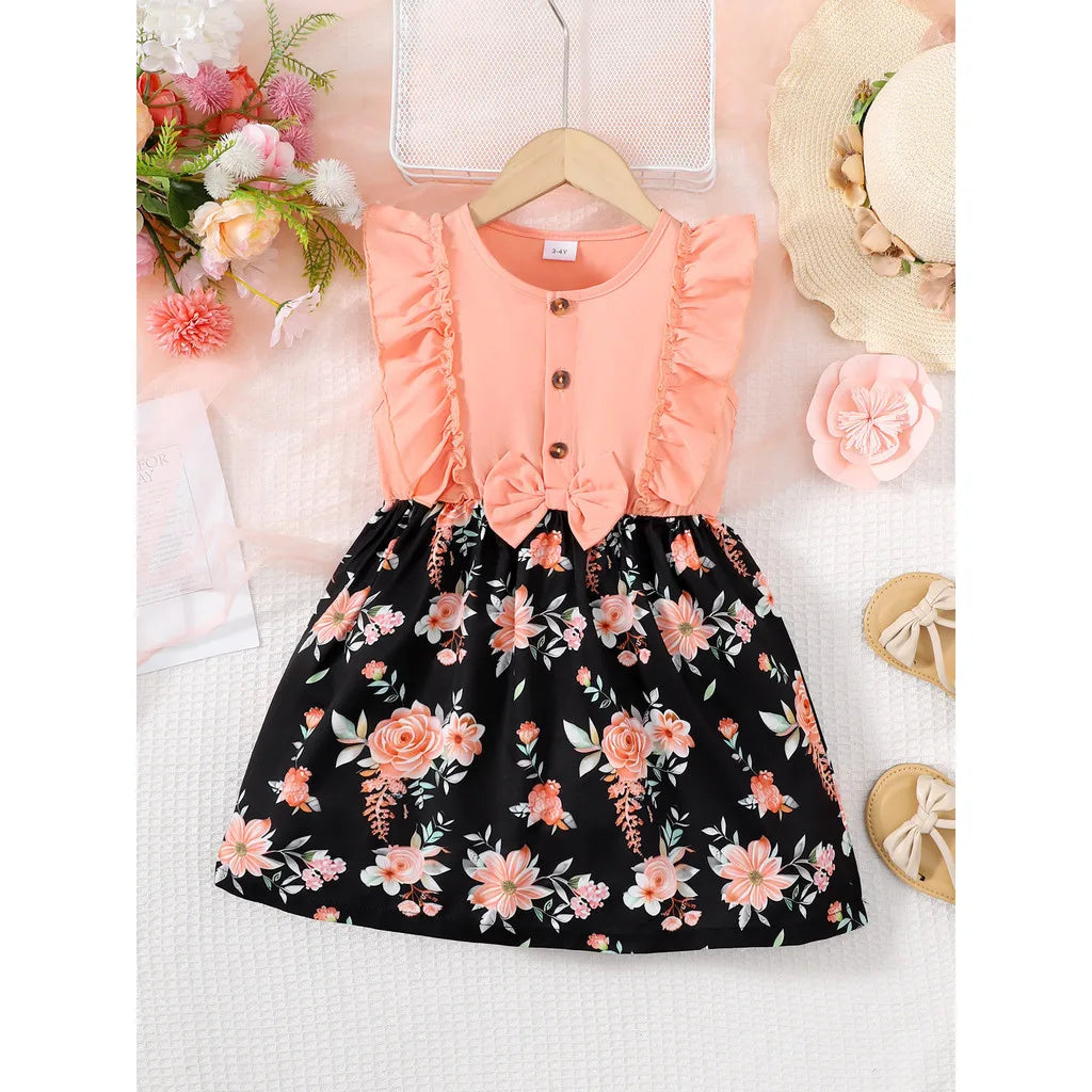 Toddler Girl Summer Casual Dress Sleeveless Floral Printing Dress with Bow Kids Girl Birthday Clothes for Child 1-8 Years