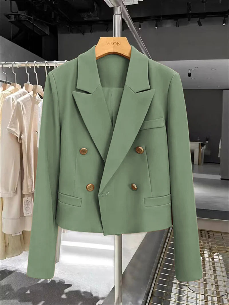 Cropped Blazers Woman Clothing 2025 New All-match Korean Chic Tops Double-breasted Suit Coat Ladies Office Suit Female Outerwear