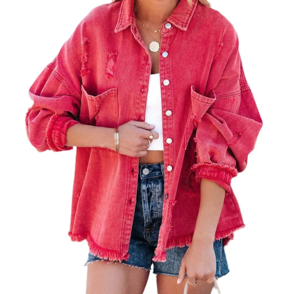 CasualdenimJacketWomen's Clothing Fringe European Style Solid Color Wash Jacket Loose Fit From China For All Seasons