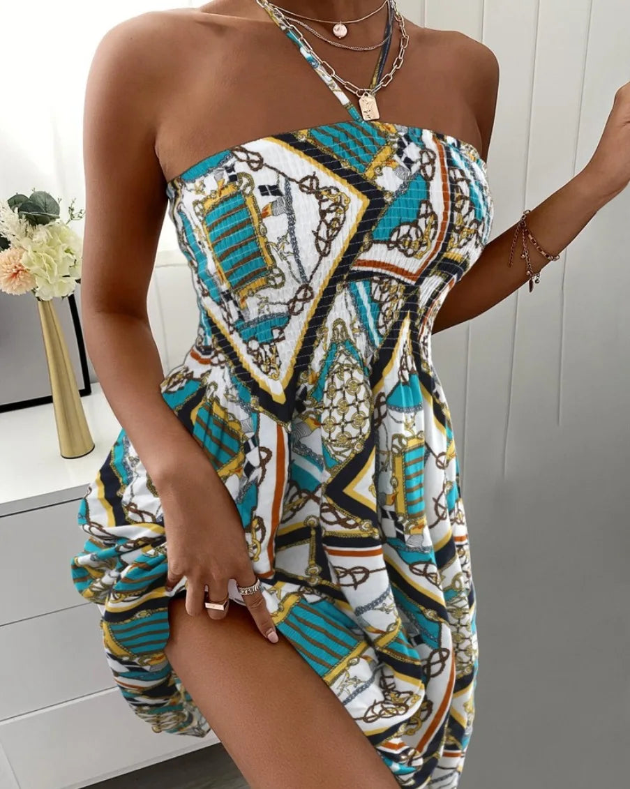 Floral Print Halter Neck Dress Vacation Style Shirred Bust Dress For Spring & Summer Women's Clothing