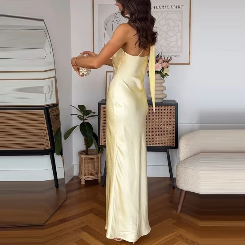 Women Simple Spring Banquet Slim Long Dress Sexy Skew Collar Sleeveless Party Dress Summer Solid Color Ribbon Boho Dresses Mujer