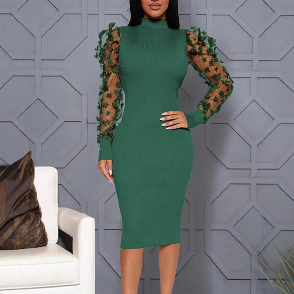 Women Petal Mesh Yarn Sleeve Bodycon Slim Dress Solid Color O Neck Summer Fashion Dress