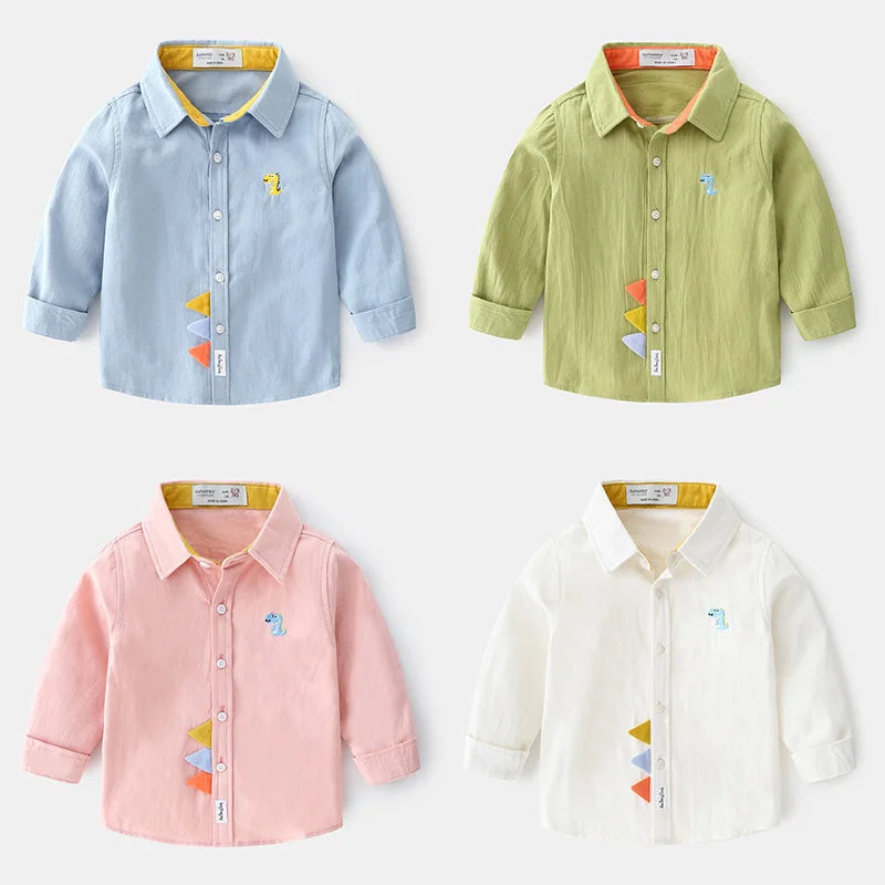 2025 Spring Autumn Boys Long Sleeve Blouses & Shirts Kids Korean Version Cotton Cartoon Dinosaurs Printing Lapel Tops 2-7Years