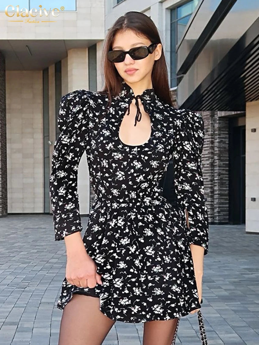 Clacive Fashion Slim Print Women's Dress Sexy Stand Collar Long Sleeve Mini Dresses Elegant Classic Hollow Out Female Dress