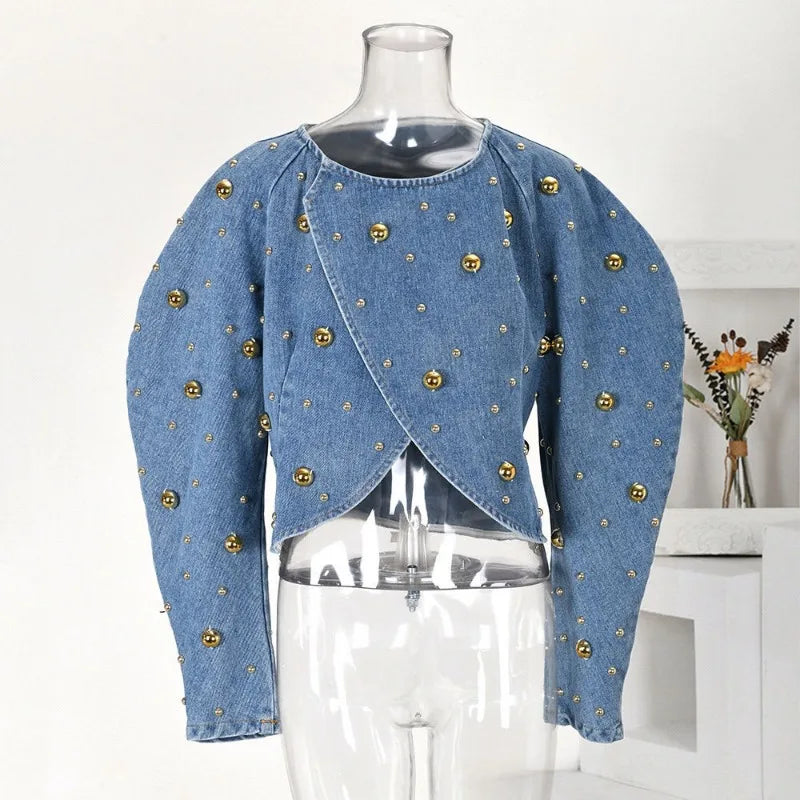 Spring Autumn Women Rivets Long Lantern Sleeve Denim Coat Short Pearls Beading Jeans Bomber Jacket Cowboy Cardigan Tops