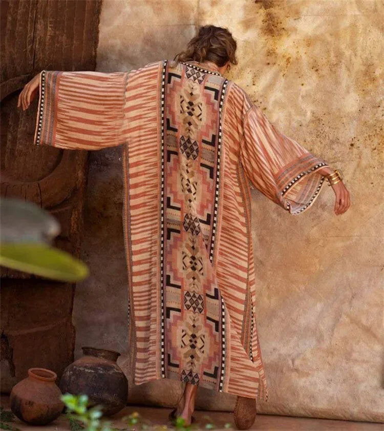 Beach Cover Up Over Sized Kimonos Women's Geometry Print Rayon Kimonos with Belt for Summer