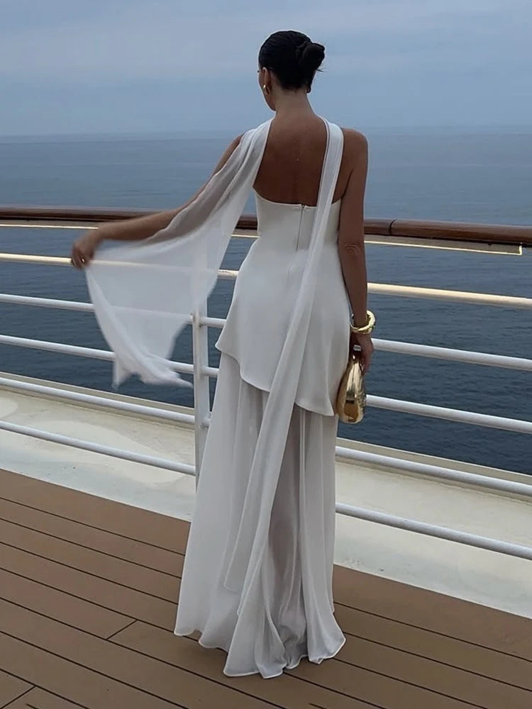 2025 Summer Women Fashion Strapless Dress With Ribbon Patchwork Elegant Sleeveless Mesh Split Dress Vacation Beach Long Dresses
