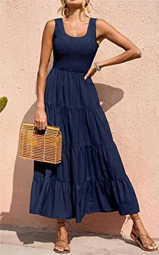 Dresses For Women Summer Sexy Elegant Sleeveless Floral Solid Color Long Dress Fashion Elastic Waist Beach Party Big Swing