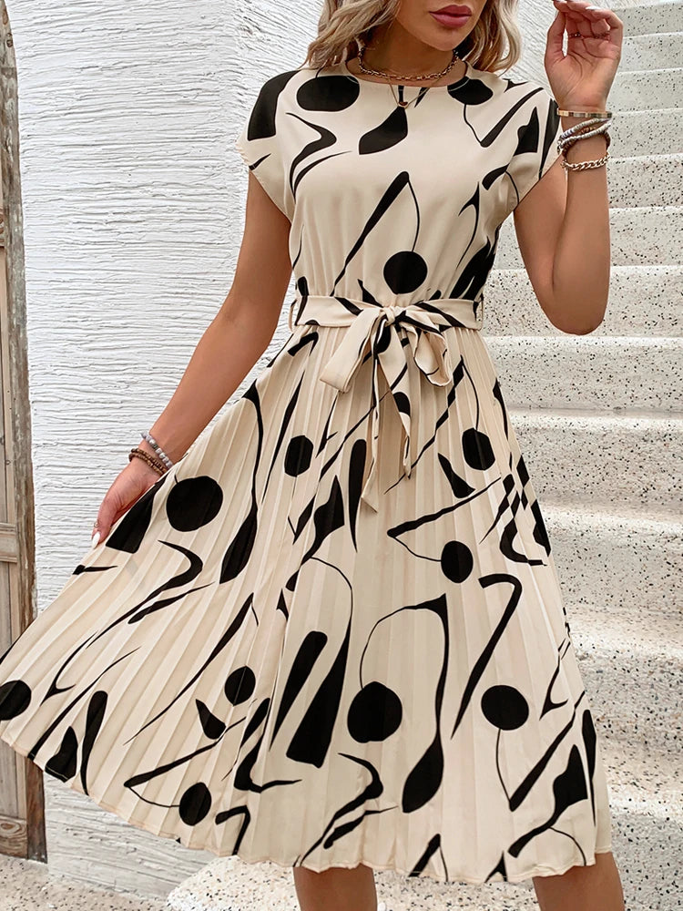 Summer Europe and the United States hot selling new sleeveless temperament commuter dress lace up pleated round neck skirt