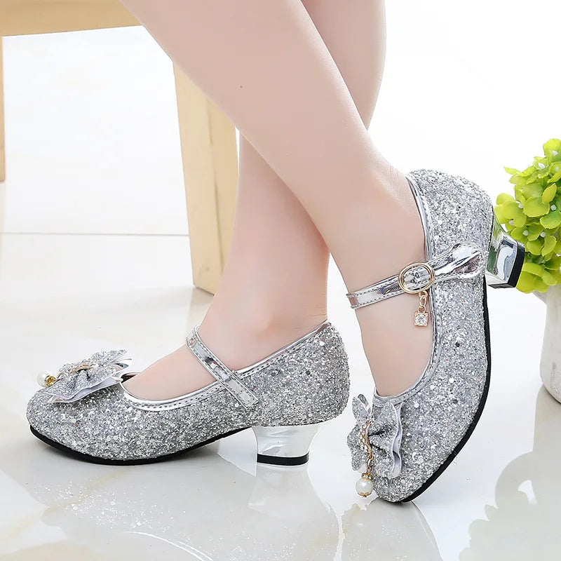 AINYFU Girls High Heel Leather Shoes Children Glitter Bowtie Dance Shoes Student Crystal Pink Silver Sandals Single Shoes H43