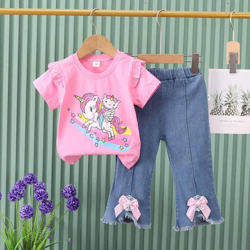 2025 New Children's Set boys Summer Cartoon Printed Short Sleeve+Cowboy Pants Infant Fashion Set 0-4 Years Old