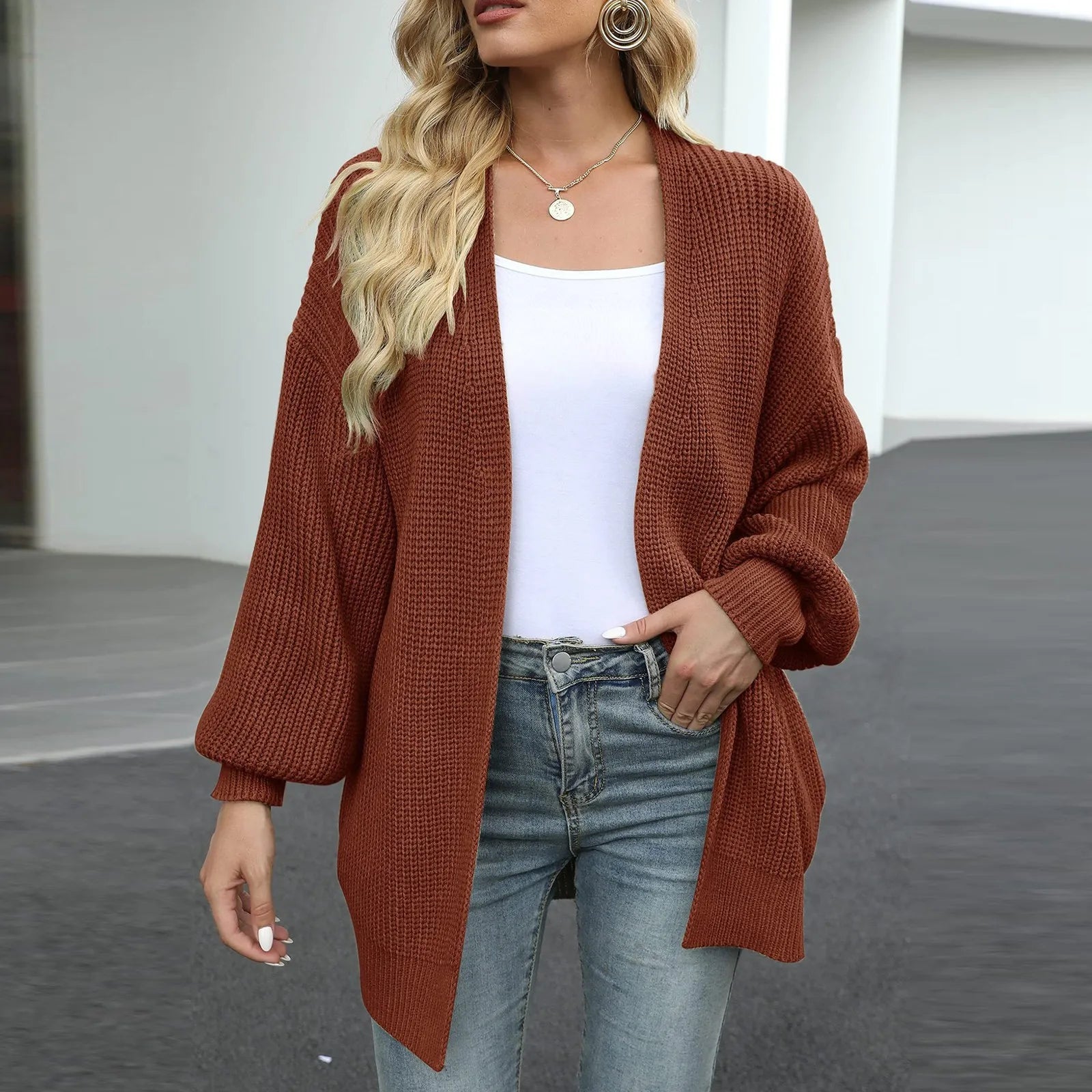 Autumn And Winter Women's Solid Color New Sleeve Coarse Wool Pocket Knitted Cardigan Sweater Sweater For Women S-2XL