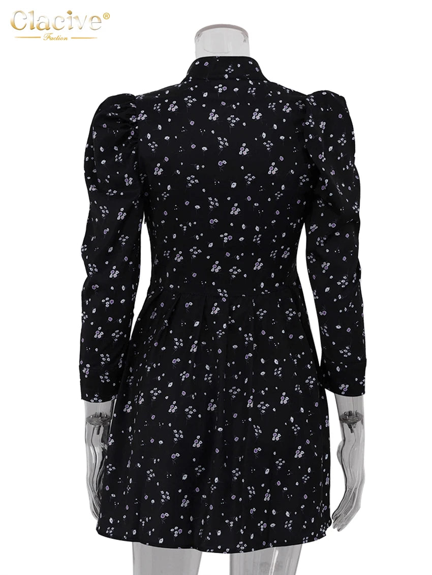 Clacive Fashion Slim Print Women's Dress Sexy Stand Collar Long Sleeve Mini Dresses Elegant Classic Hollow Out Female Dress