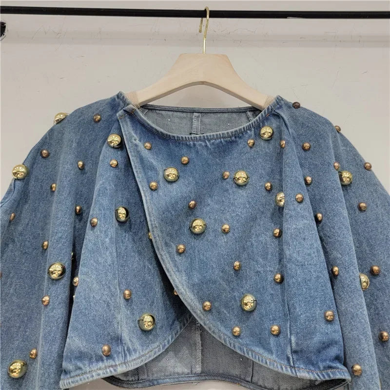 Spring Autumn Women Rivets Long Lantern Sleeve Denim Coat Short Pearls Beading Jeans Bomber Jacket Cowboy Cardigan Tops