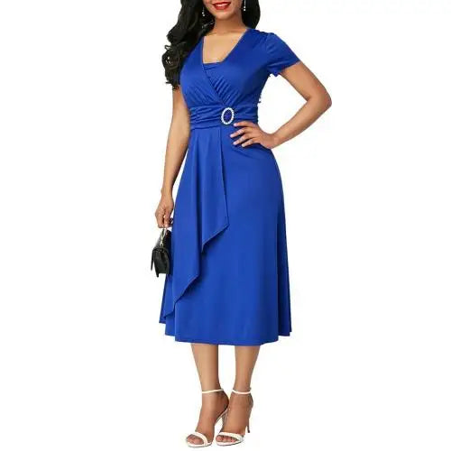 Plus Size Dress Elegant Women Solid Color Short Sleeve V Neck Asymmetric Hem Waist Tight Midi Party Dress Ladies Evening Vestido