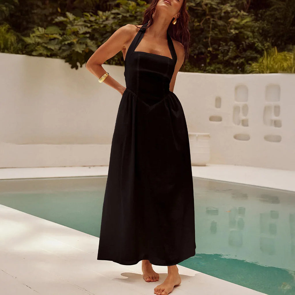 2025 Spring Summer Casual Vacation Solid Color High Waist Sleeveless Hanging Neck Dresses for Women Dress Women Female Clothing