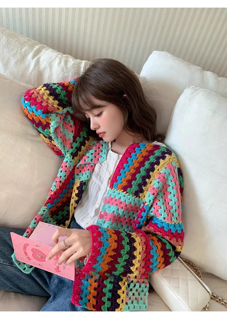 Colorful Knit Stitch Hollow Out Cardigan Oversize Women Crochet Tops
